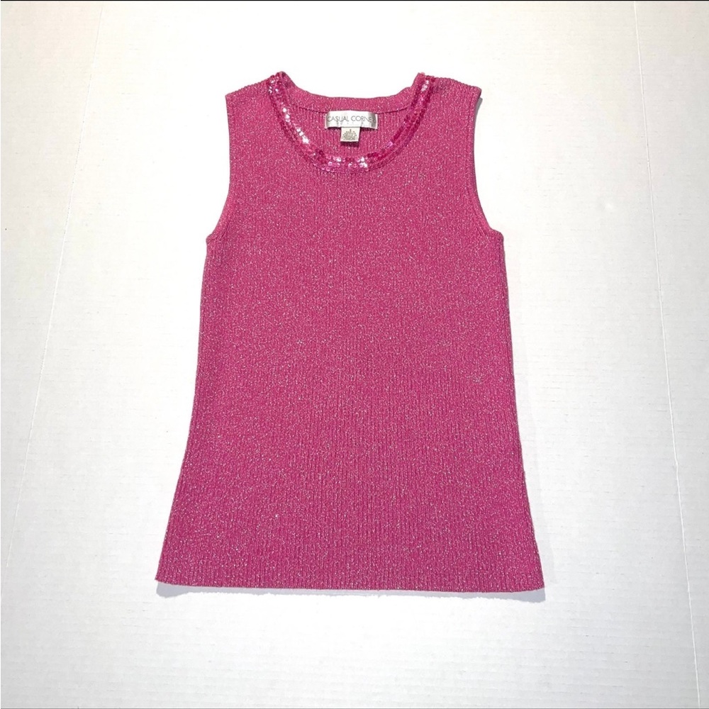 Casual Corner Pink Sleeveless Knit Sweater Embellished Sequin Tank Metallic sz S